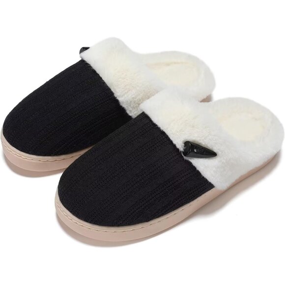 Women's Black Scuff Fuzzy Faux Fur Lining Memory Foam Warm Plush Slippers Shoes - Picture 8 of 9